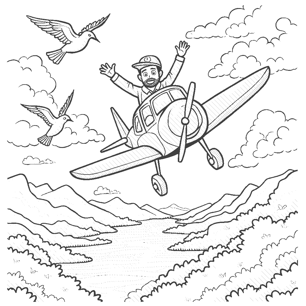 Coloring Page: Pilot's Flight - A skilled pilot flies a bright airplane through fluffy clouds, waving to birds that fly alongside. Below, a beautiful landscape with fields, rivers, and mountains unfolds.
