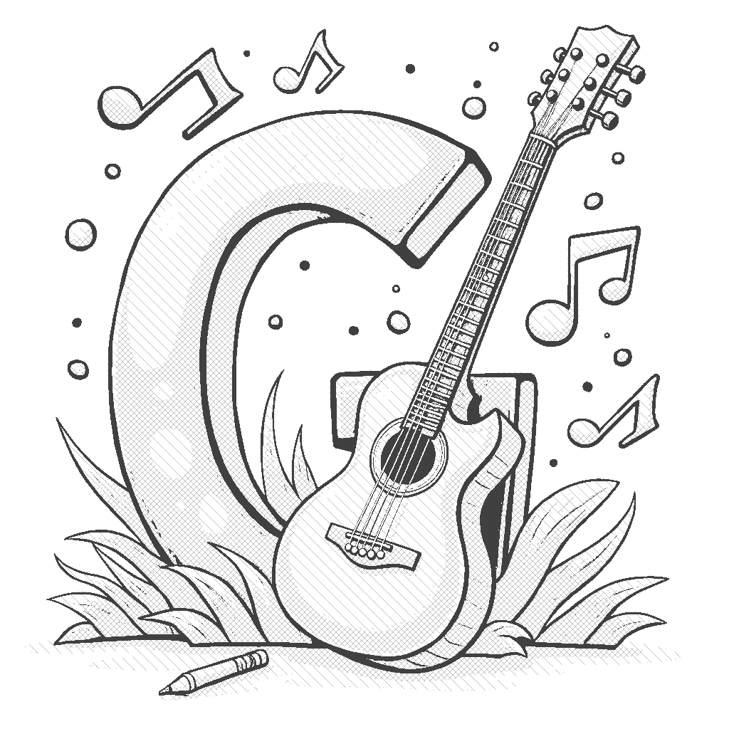 Coloring Page: G is for Guitar - A shiny guitar resting against a large letter G, with musical notes floating around it to add a fun touch.