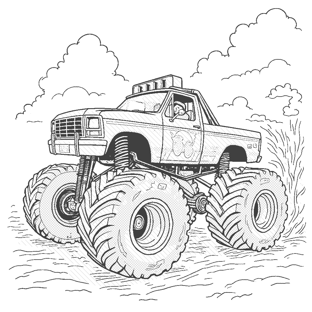Coloring Page: Monster Truck Rally - A huge monster truck with bright blue paint and flame decals ramping over a pile of colorful tires under a sunny sky.