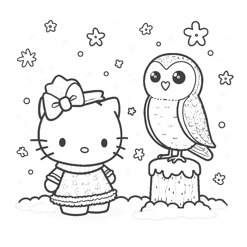 Coloring Page: Hello Kitty and the Snowy Owl - Hello Kitty meeting a snowy owl perched on a snow-covered branch. The owl is mystical, with twinkling eyes, and soft snowflakes are falling around them.