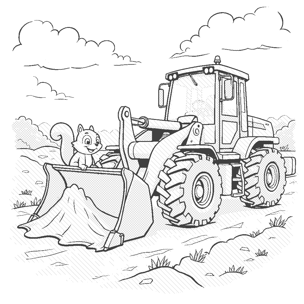 Coloring Page: Bulldozer Building - A bulldozer is pushing dirt to create a flat surface for a new road. A cheerful squirrel is peeking out from behind a pile of dirt, curious about the bulldozer's work.