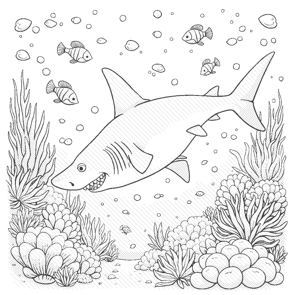 Coloring Page: Shark Encounter - A great white shark gracefully swims through a coral reef, with colorful fish darting around. The shark's powerful body is contrasted against the delicate corals in the background.