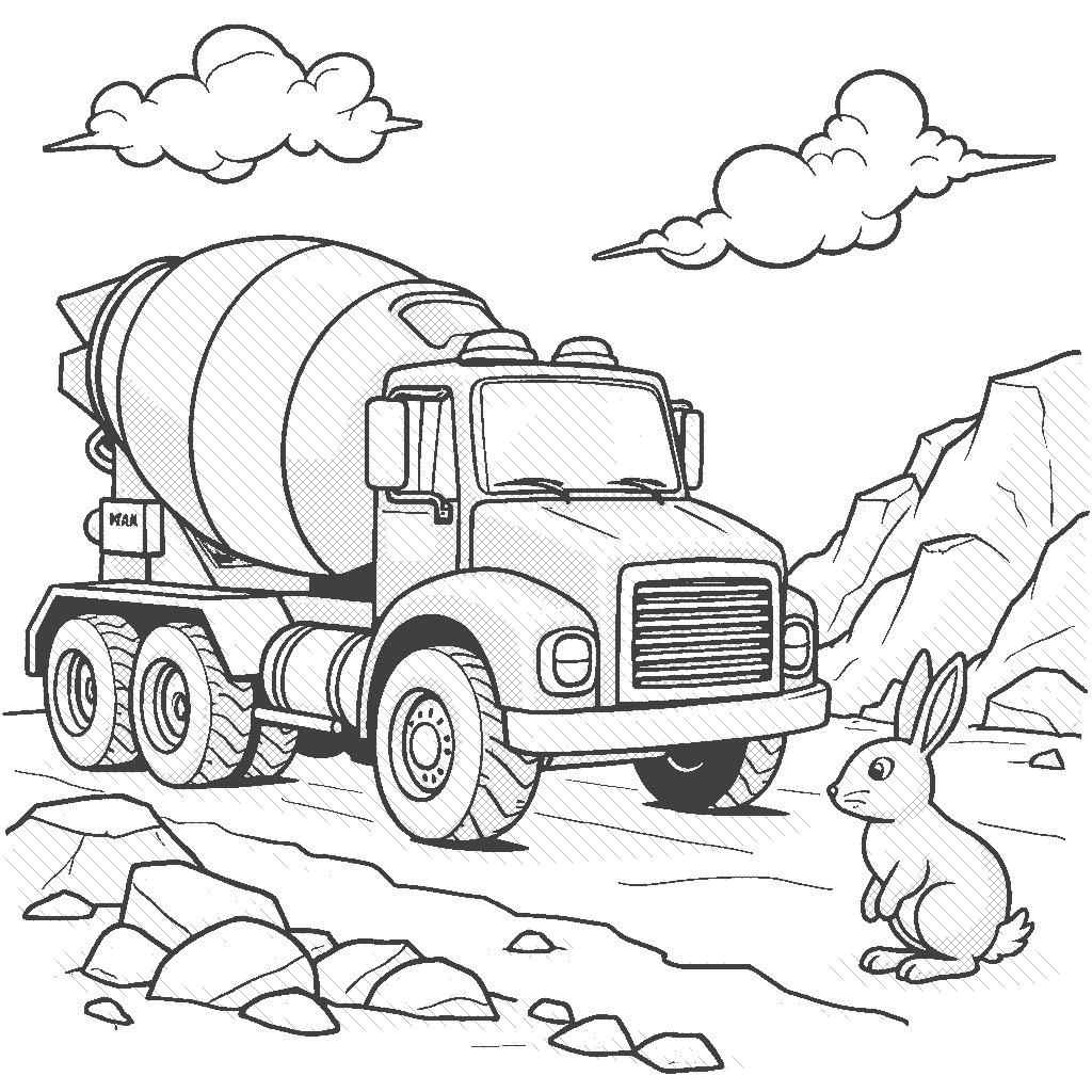 Coloring Page: Cement Mixer Fun - Color a colorful cement mixer truck spinning its drum while parked on a construction site. Nearby, a small rabbit watches in awe at the big vehicle, intrigued by the noise it makes.