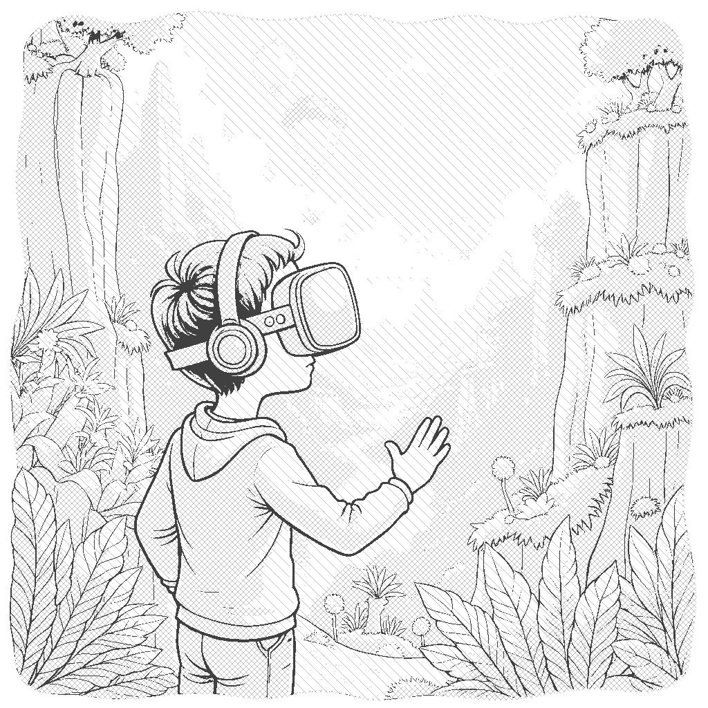 Coloring Page: Virtual Reality Adventure - A person wearing a virtual reality headset, exploring a colorful digital landscape filled with floating islands and imaginative creatures. It's a scene of excitement and wonder.