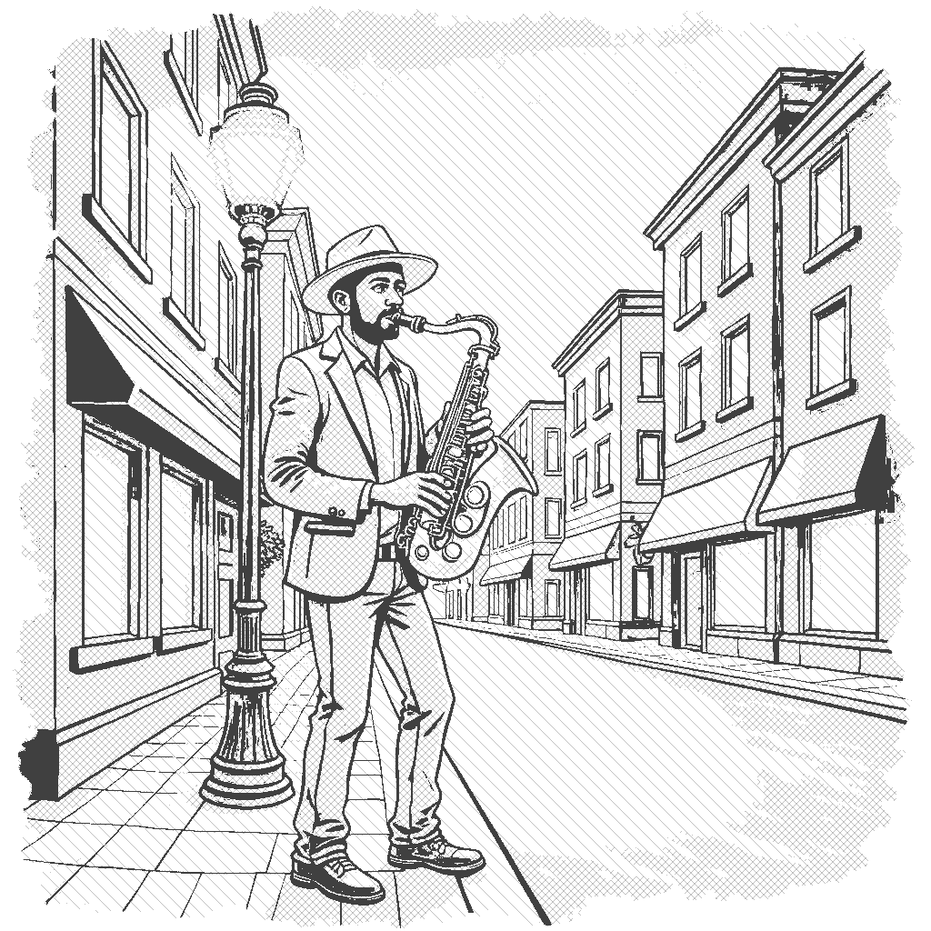 Coloring Page: Saxophone Night - A jazz musician playing a saxophone under a streetlight on a lively city street, with stars twinkling above.