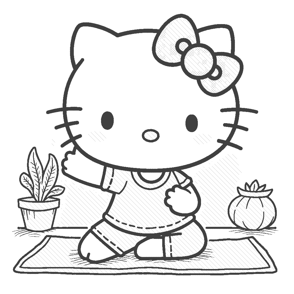 Coloring Page: Hello Kitty in a Yoga Pose - Illustrate Hello Kitty practicing yoga in a serene park, wearing a colorful yoga outfit, with pastel mats and tranquility all around, while little birds sit on nearby branches.