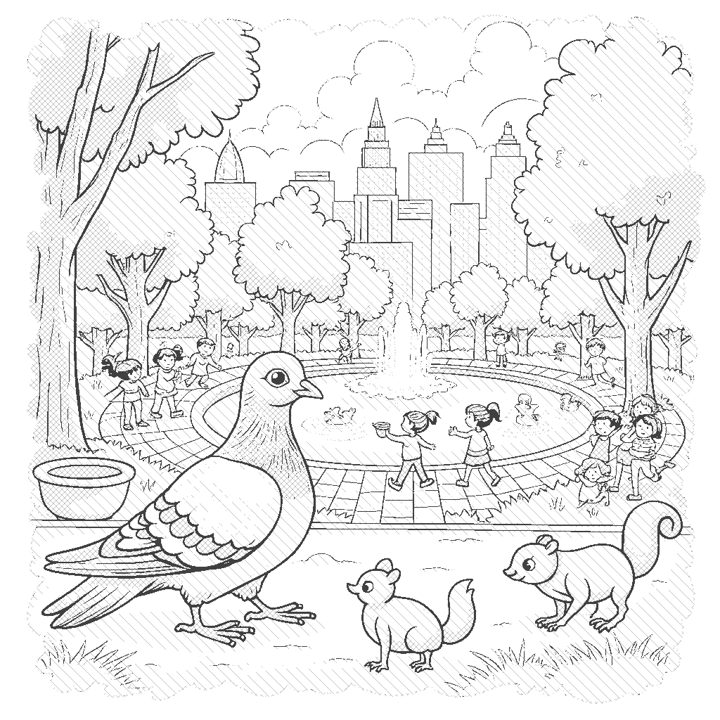Coloring Page: Pigeon’s City Adventure - A pigeon is exploring a bustling city park filled with children playing, trees swaying, and people feeding ducks. The scene includes a fountain, playful squirrels, and a street performer entertaining the crowd!