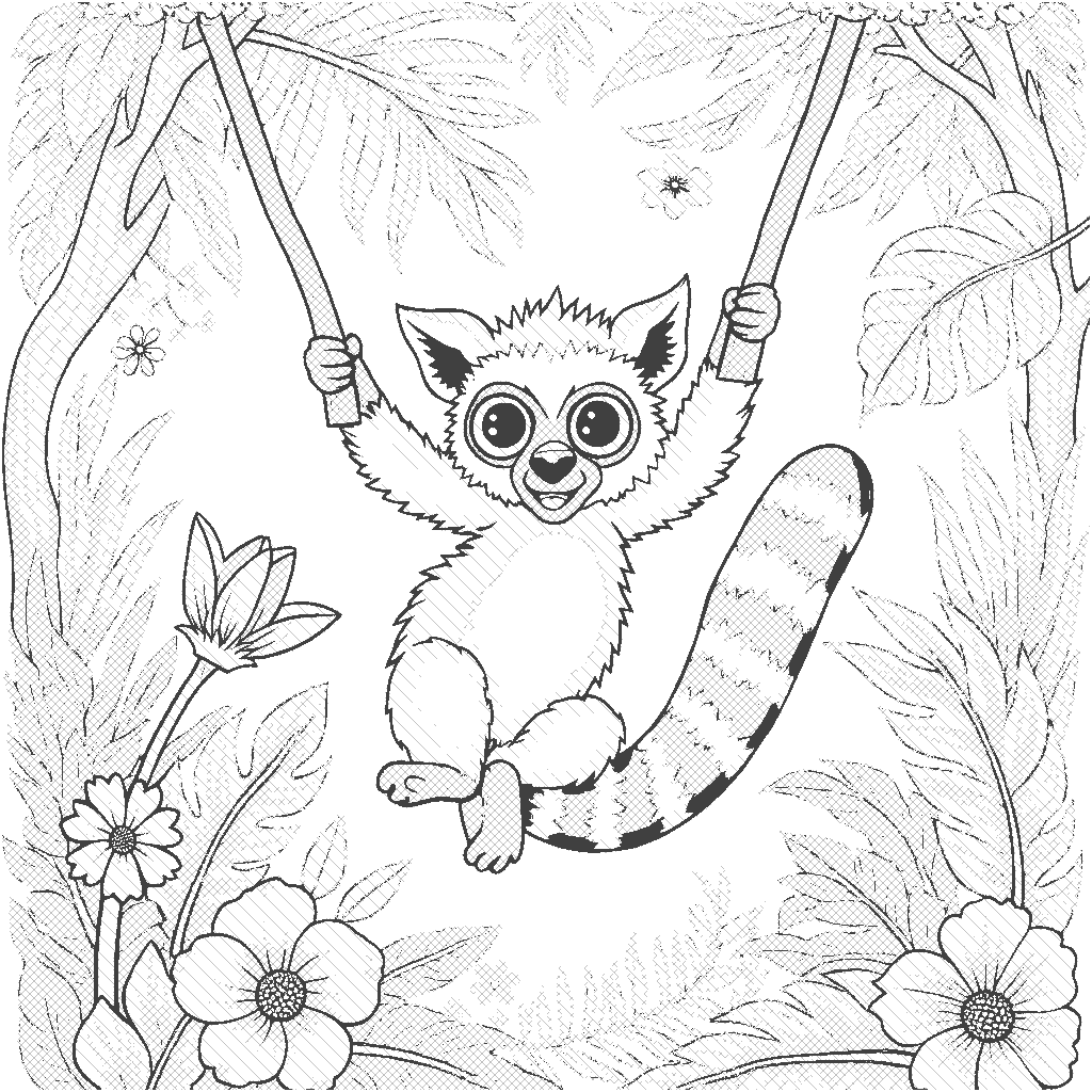 Coloring Page: Lemur in a Tropical Forest - A playful lemur swings from tree to tree in a lush tropical forest, with vibrant leaves and colorful flowers surrounding it. The lemur looks curious and joyful, ready to explore its playful environment.