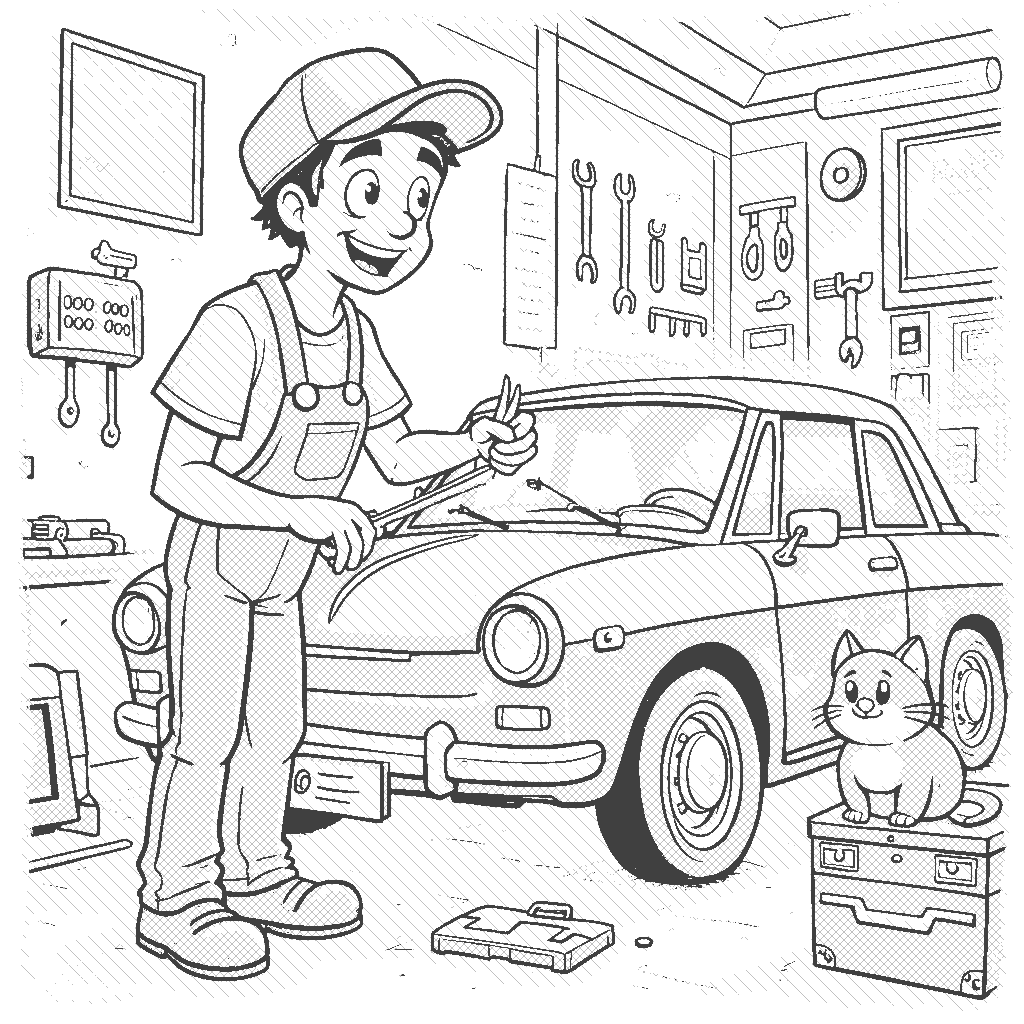Coloring Page: Mechanic's Workshop - A friendly mechanic working on a bright red car in a busy workshop. Tools are hanging on the walls, and there's a funny cat lounging on a toolbox, watching the action.