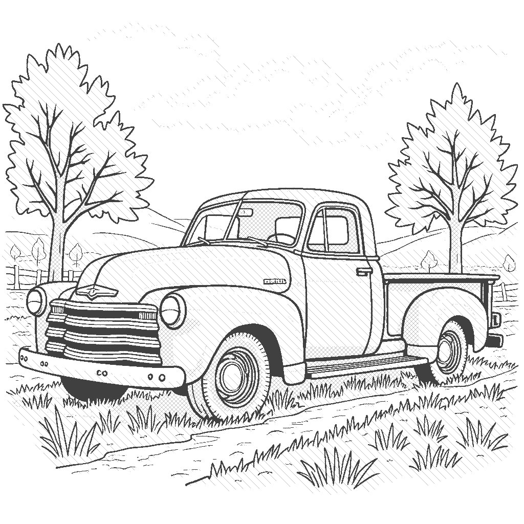 Coloring Page: Farming Day - A vintage pickup truck parked in the middle of a colorful sunflower field, with bees buzzing and butterflies fluttering around.