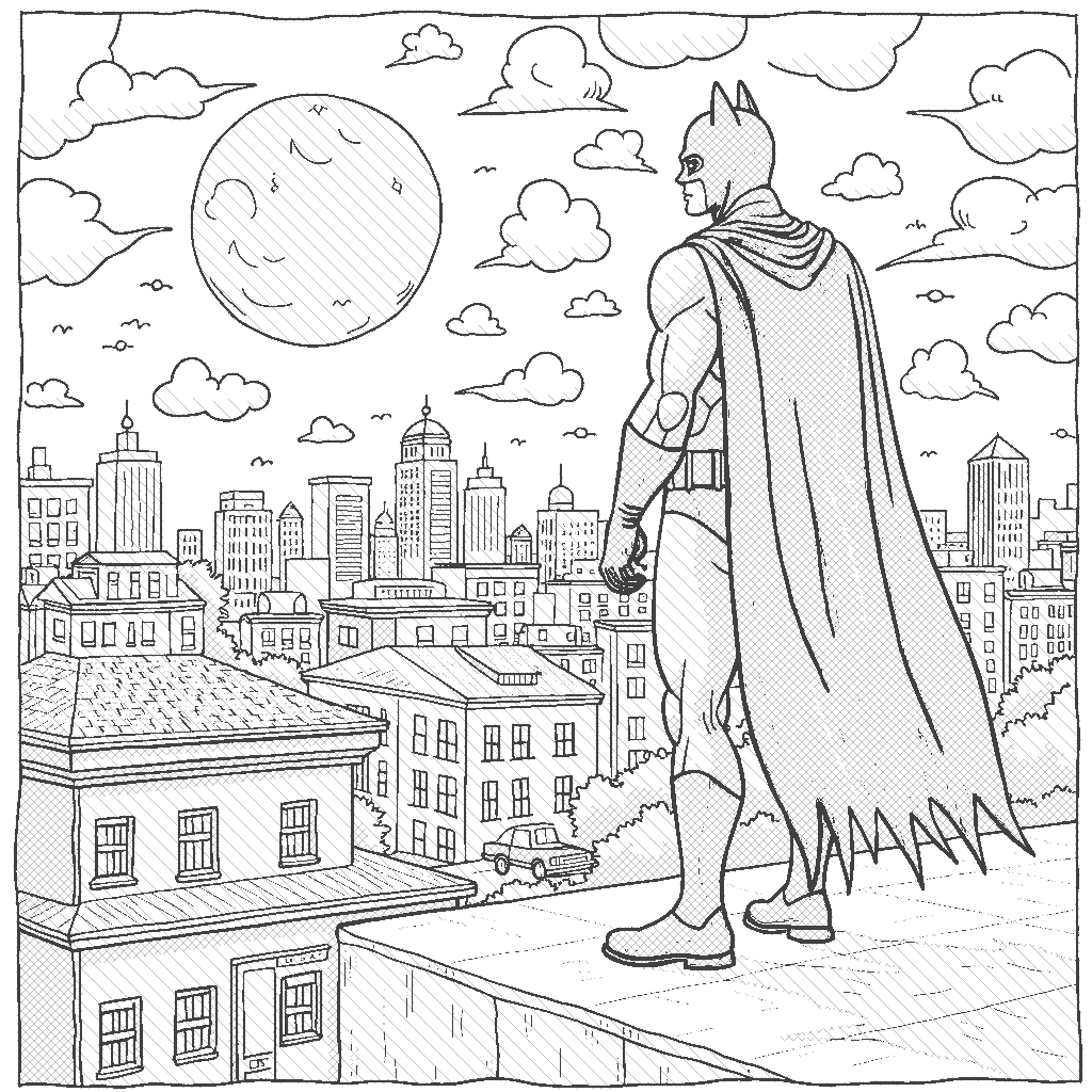 Coloring Page: City Night Watch - A superhero stands on a rooftop, gazing over the city with a full moon in the background. The superhero wears a dark cape and mask, ready to jump into action.