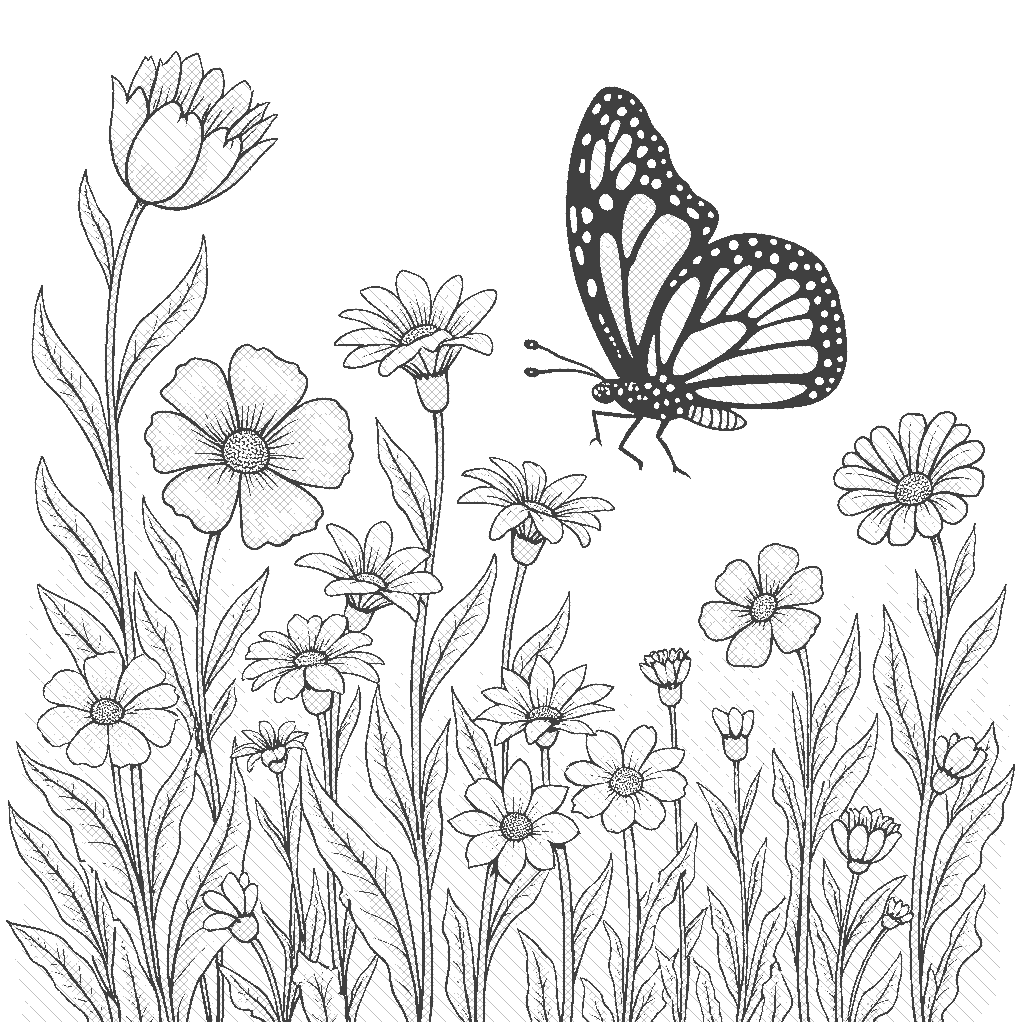 Coloring Page: Butterfly Garden - A serene scene of a beautiful butterfly fluttering among vibrant flowers in a blooming garden, with a clear blue sky in the background.