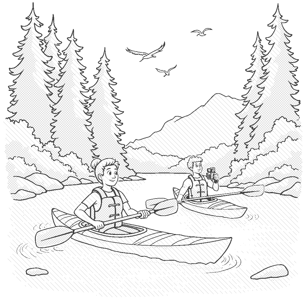 Coloring Page: Serene Kayaking Adventure - A peaceful river scene where kayakers paddle through calm waters surrounded by lush greenery. In the background, tall trees sway gently, and birds can be seen flying above. One kayaker is capturing the moment with a camera, while another is enjoying the tranquility of nature, with a smile on their face.
