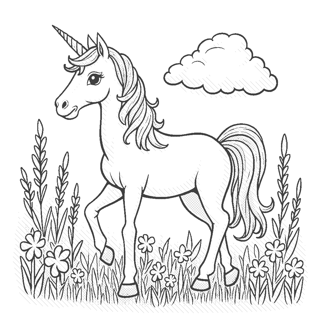 Coloring Page: Unicorn in a Rainbow Meadow - A majestic unicorn standing in a vibrant meadow filled with colorful flowers. The unicorn's mane shimmers with all the colors of the rainbow, and butterflies flutter around it.