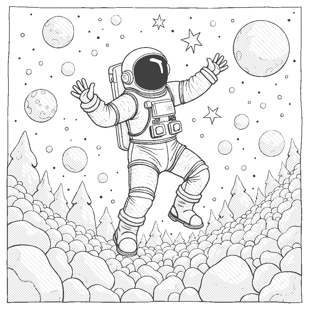 Coloring Page: Dancing with Asteroids - An astronaut gracefully dancing among a field of asteroids, each asteroid having unique shapes and patterns. The scene is lively with shooting stars in the background.