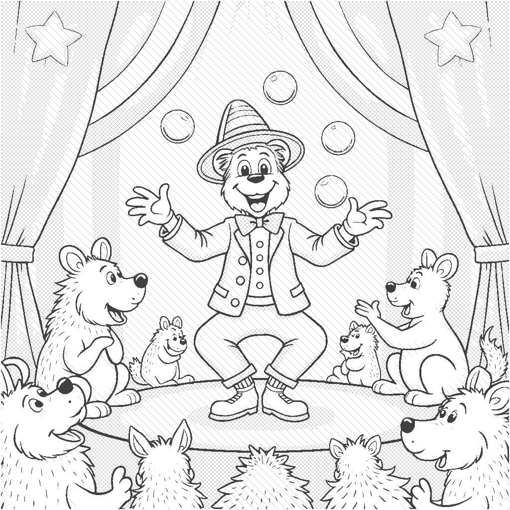 Coloring Page: Circus Performer - A circus performer is juggling colorful balls on a bright circus stage with vibrant stripes in the background. A cheering audience of animals watches in amazement.