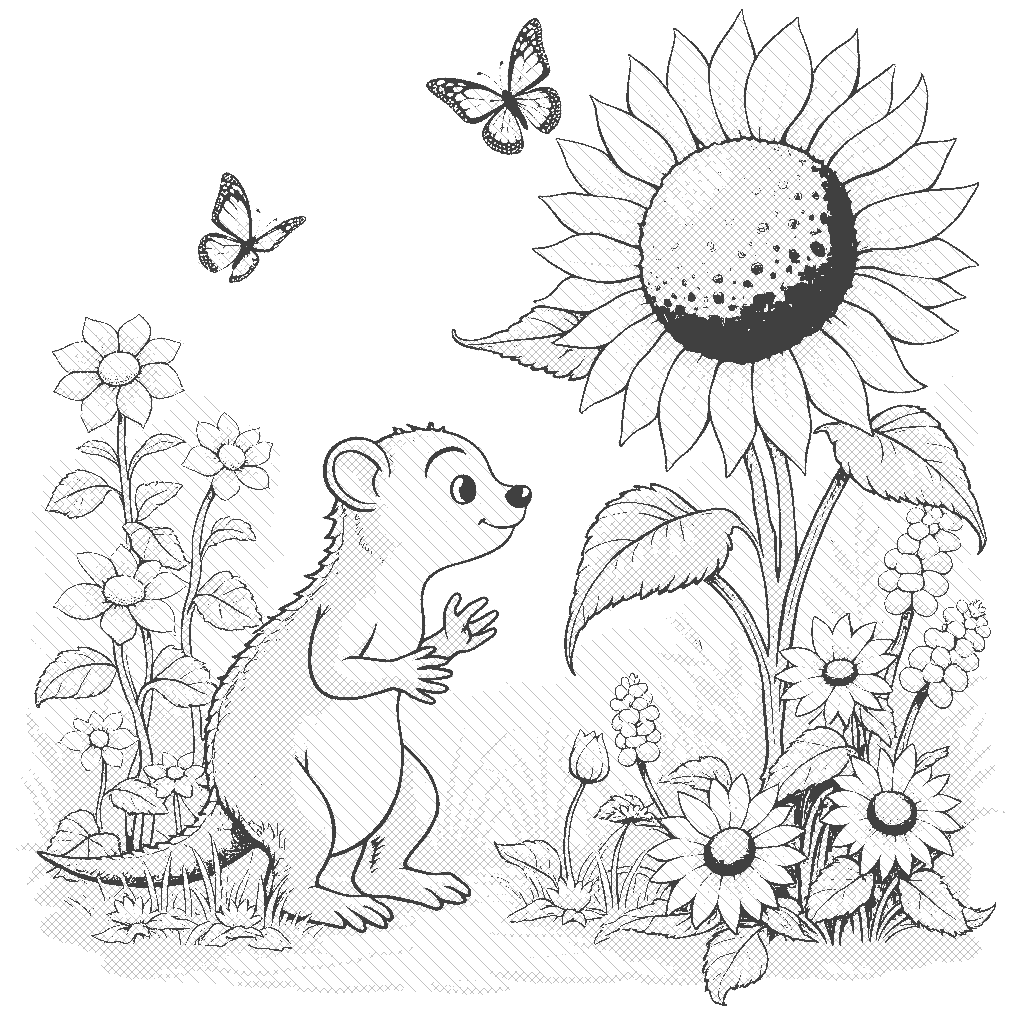 Coloring Page: Mongoose in the Garden - A playful mongoose explores a lush garden filled with colorful flowers and butterflies fluttering around, peeking out from behind a big sunflower.