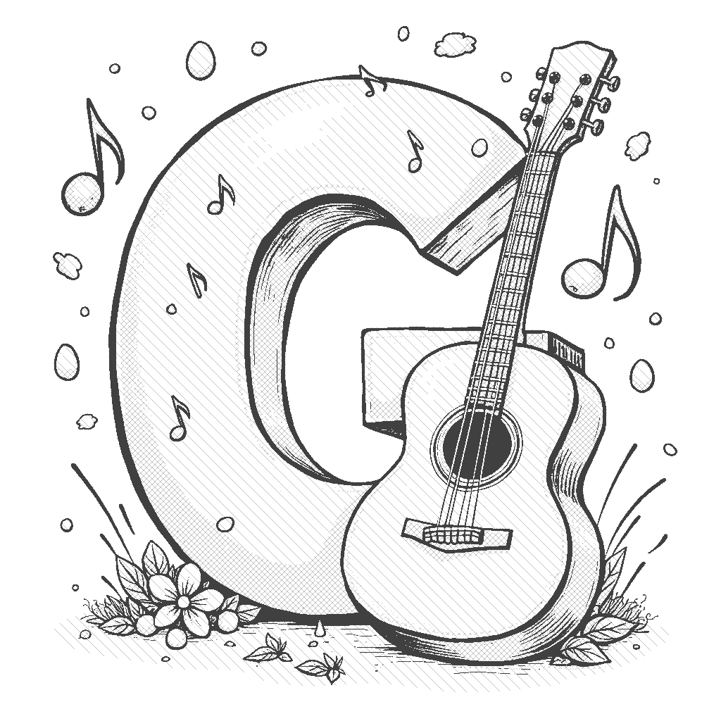 Coloring Page: Letter G and a Guitar - The letter 'G' is illustrated with a classic acoustic guitar leaning against it. Musical notes float around to give a lively feeling, suggesting a fun jam session.
